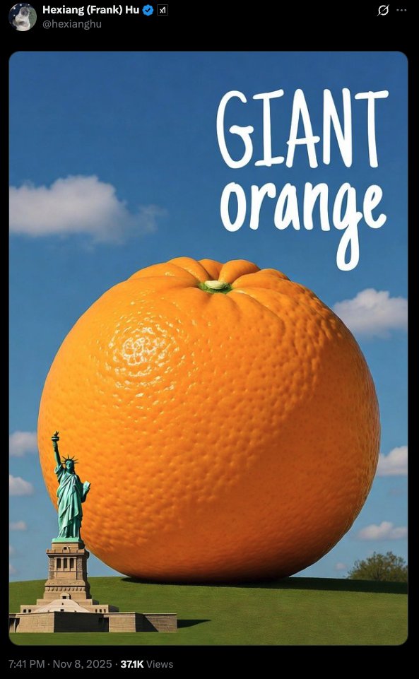 ieij's tweet image. The least likely outcome is always the most likely.

People aren&apos;t realizing that &quot;Giant Orange&quot; as the codename for Grok Imagine 1.0 reflects a calculated move by @xai .

Notice how user @@Guodzh from xAI tweeted &quot;We may have giant 🍊&quot; on the 25th of October.

Linguistic cues…