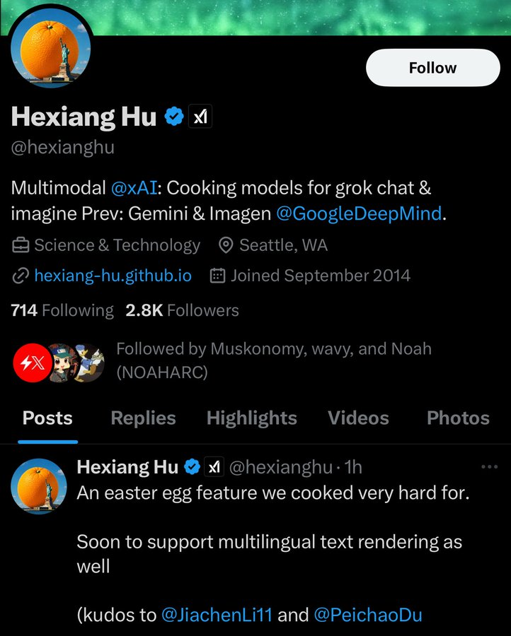 ieij's tweet image. The least likely outcome is always the most likely.

People aren&apos;t realizing that &quot;Giant Orange&quot; as the codename for Grok Imagine 1.0 reflects a calculated move by @xai .

Notice how user @@Guodzh from xAI tweeted &quot;We may have giant 🍊&quot; on the 25th of October.

Linguistic cues…