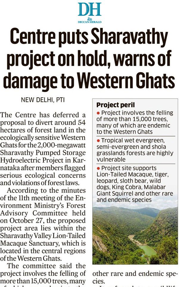Girishvhp's tweet image. Centre Puts Sharavathy Project on hold, warns of damage to Western Ghats.