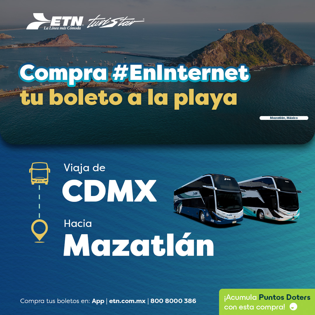 ETNTURISTAR's tweet photo. Sol, mar y comodidad te esperan en Mazatlán 🌊🚌 Viaja desde CDMX y disfruta cada momento. Compra tu boleto fácil #EnInternet 🎟️
Consulta horarios y tarifas en https://t.co/YUDeOKyFdF o en tu App ETN. 📲 https://t.co/Qu1OdHda3j