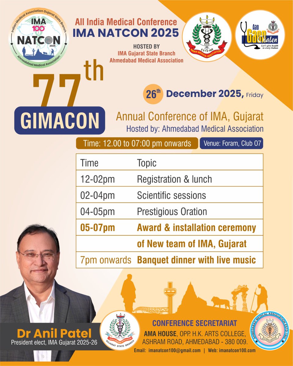imanatcon100's tweet photo. The 77th GIMACON

Join us on 26th Dec 2025 at Club O7, Ahmedabad, for an afternoon dedicated to science, leadership and celebration.
From scientific sessions and the prestigious oration to the award and installation ceremony of the new IMA Gujarat team.

#GIMACON2025 #IMAGujarat https://t.co/6r9AQtP65D