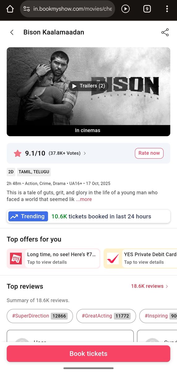 RDBalaji's tweet image. #Bison 10.6 K tickets booked on 24hrs in BMS🔥