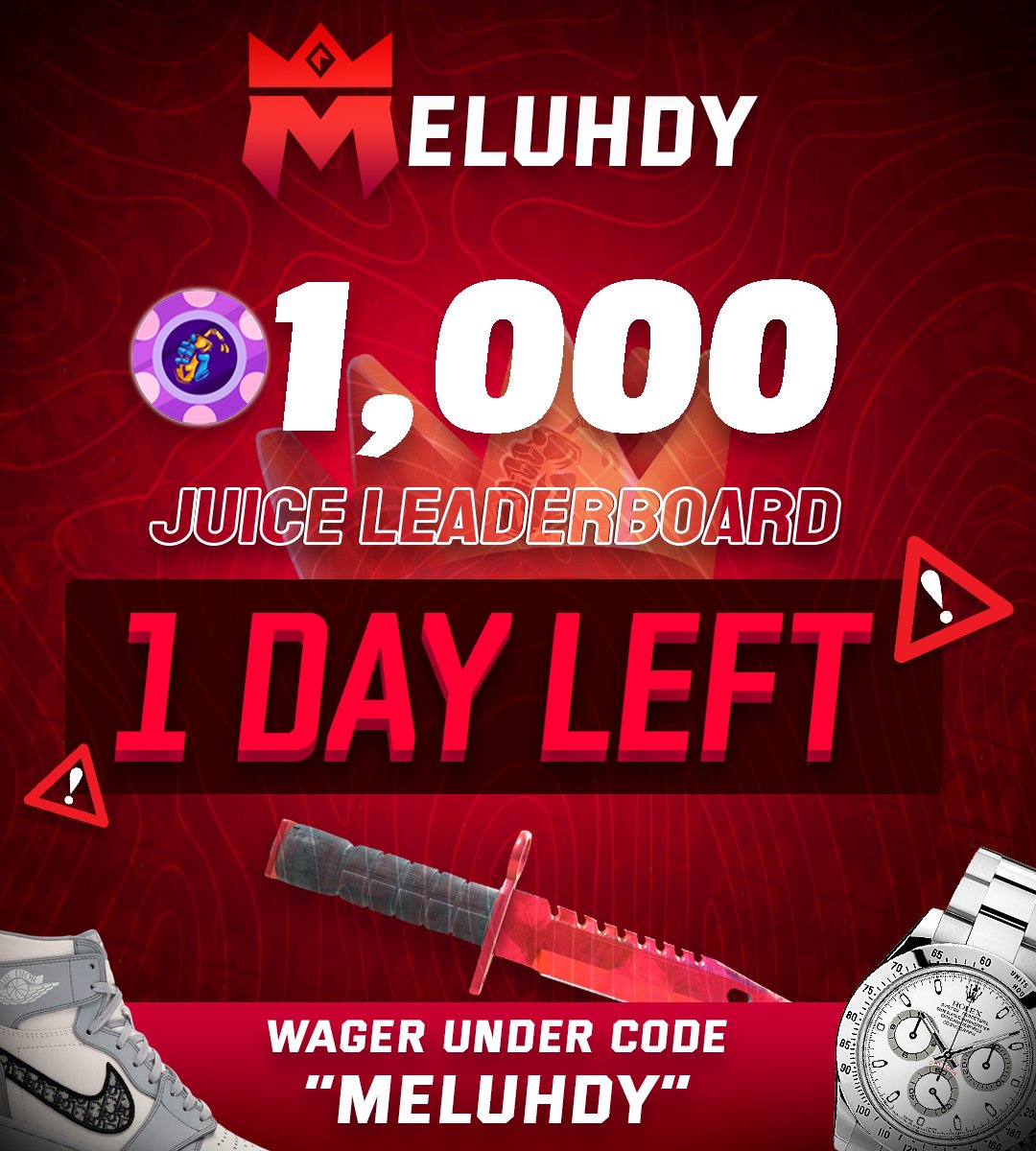 🧃 1 day left on the Juice leaderboard!

Rewards include 100% affiliate commission, daily tips, promo codes, leaderboards and more!

Wager under code “Meluhdy” to participate - find all leaderboards on our website.

[$25 giveaway - like, retweet and tag 1 friend]