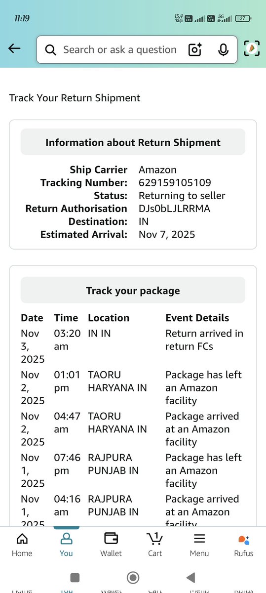 itzronn98's tweet photo. @AmazonHelp @amazonIN @JeffBezos @amazon What is happening here? You can check the estimated arrival date for my return was nov 7 but then changed to nov 9 and now changed to nov 11 why? And can you explain why the package is not moving from nov 3? Why it's still stuck there any explanation? I want my refund ASAP! https://t.co/9QaXc6Ggcs
