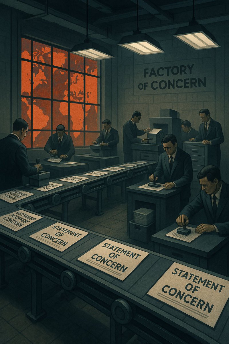 The Factory of "Concern"

They convene, they condemn, they “note with deep regret.”  In the polished halls of global power, tragedy is processed like paperwork, acknowledged, filed, and stamped urgent only after it no longer matters.  

Every massacre earns a statement, every