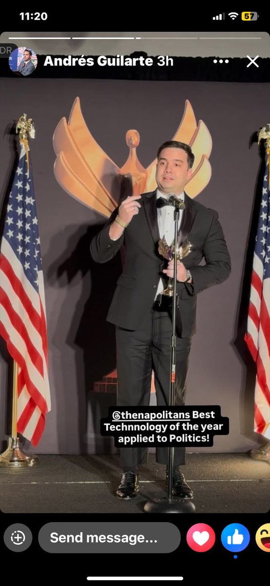 Woohoo <a href="/eyesover_us/">eyesover</a> won Best Technology for Politics at the Napolitan Awards- the Pollies for Latin America.  Congrats team <a href="/andres7guilarte/">Andrés Guilarte</a> (looking sharp in tux) <a href="/ChrisWilsonQED/">Christopher S. Wilson</a> 
<a href="/parscale/">Brad Parscale</a>