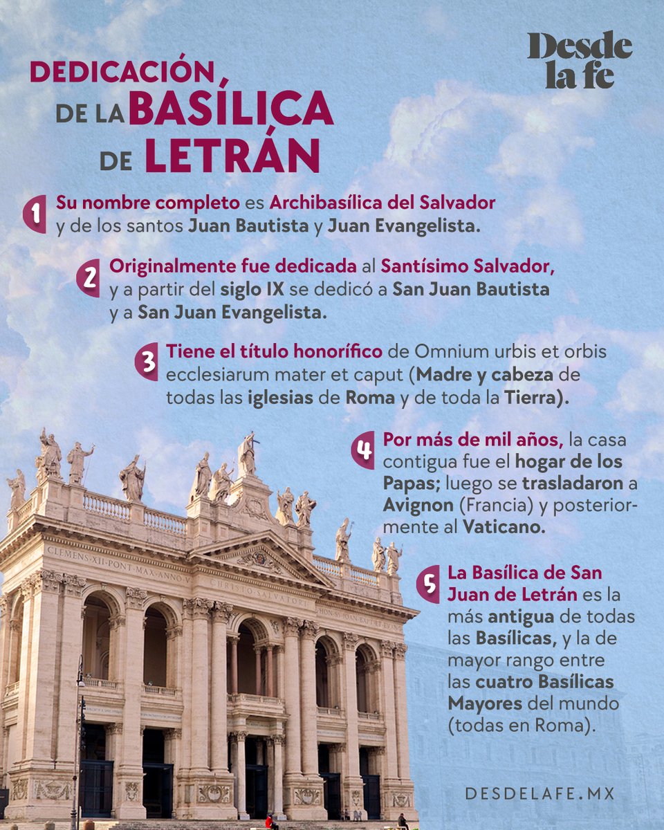 DesdeLaFeMx's tweet photo. La primera, la más antigua, la “madre” de todas las basílicas. ⛪

Esto es lo que debes saber sobre la Dedicación de San Juan de Letrán.
https://t.co/I0GjdLJRRH

#DedicaciónSanJuandeLetrán #Basílica https://t.co/VayXhZr1Zg