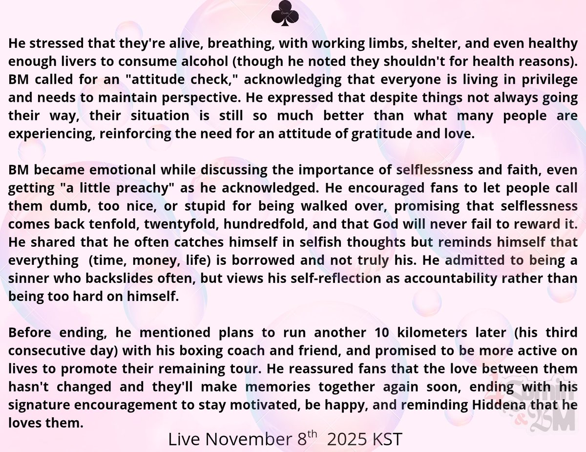 [🫧 live November 8th 2025 KST]

Summary of ♣️ live.

Thoughts on the cancellation of the Australian tour.