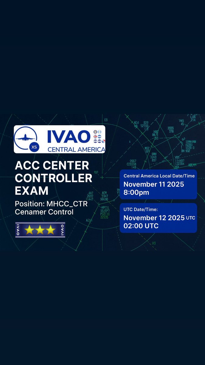 Hola hola! 😎

📡Posición: MHCC_CTR (Cenamer Control)
📅 Fecha: 11 NOV 2025 
🕘 Hora: 8:00pm CA (9:00pm PA)

🛫 Pueden volar hacia o desde cualquier aeropuerto dentro del FIR CENAMER.
¡Contamos con su participación! 💪🏻