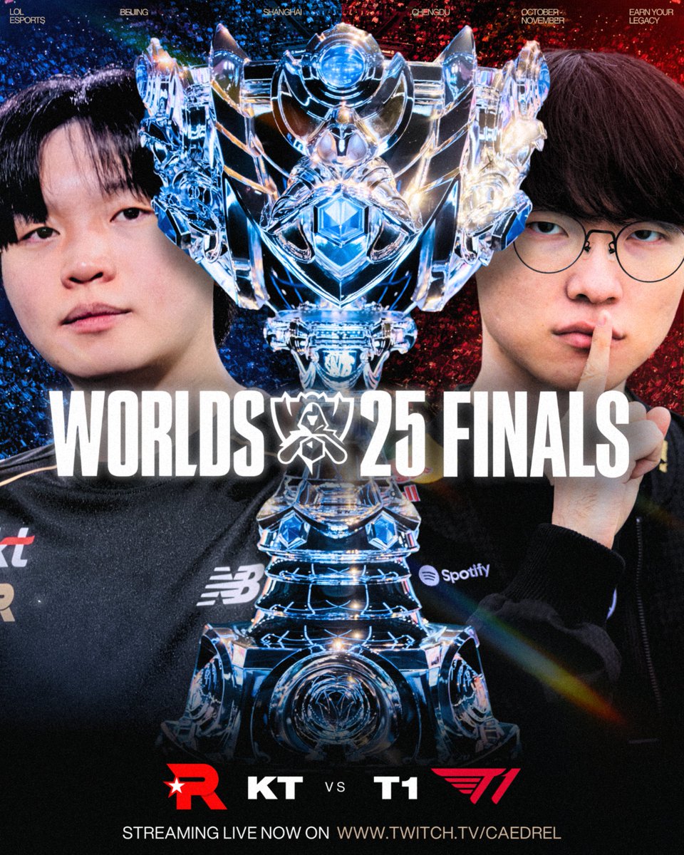 WORLDS FINALS
T1 VS KT

LIVE RIGHT FUCKING NOW
twitch.tv/caedrel

ALSO GIVEAWAYS INBETWEEN GAMES