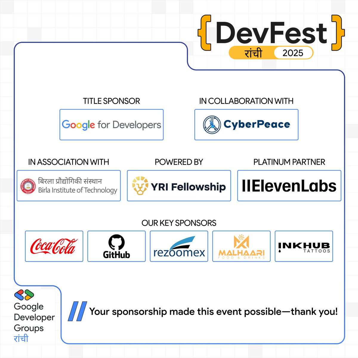 gdgrnc's tweet photo. Big love to our incredible sponsors! π
Your support made #DevFestRanchi 2025 possible from our Title Sponsor & Platinum Partner to every amazing collaborator.
You didnβt just back an event, you helped us level up together.β¨
Check out the heroes behind the fest! π https://t.co/Z3HV7S0Gj1