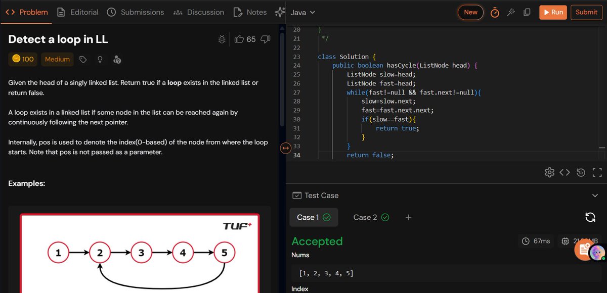 rajeshboya89's tweet image. Day 28 – #TUFWinterArc ❄️

Solved Detect Loop in Linked List 🔗

Used Floyd’s cycle detection for an efficient solution! 

#TakeUForward #TUF #DSA #Coding