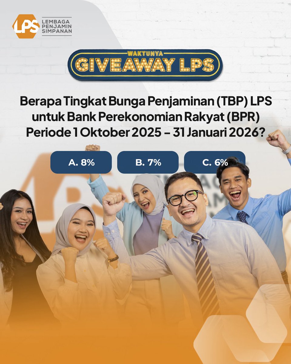 lps_idic's tweet photo. Sahabat LPS, yuk ikutan Giveaway LPS dengan menjawab pertanyaan berikut. 10 orang pemenang akan mendapatkan Voucher Go-Pay Rp250.000 untuk masing-masing pemenang.

Cara ikutan:
* Follow media sosial LPS: 👉🏻Instagram @lps_idic 👉🏻Twitter @lps_idic 👉🏻Tik Tok@|psindonesia 👉🏻Like Facebook LPS Indonesia
* Follow Podcast LPS, dan Subscribe YouTube LPS_IDIC Official
* Tulis jawaban di kolom komentar dan mention 5 orang temanmu
* Like dan comment postingan LPS
* Periode 9 - 18 November 2025
* Akun harus akun asli dan tidak dikunci (diprotect)
* Jika akun berganti username akan didiskualifikasi

#LPSIndonesia #AyoNabungdiBank #AmanAdaLPS #SahabatNasabahIndonesia