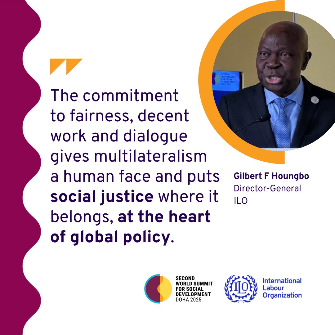 ilo's tweet image. 📢 The @ilo welcomed the adoption of the Doha Political Declaration, the outcome of #SocialSummit2025 and reaffirmed its role in advancing the 2030 Agenda and promoting #DecentWork and #SocialJustice worldwide.

Learn more: ow.ly/6uX850Xovgp