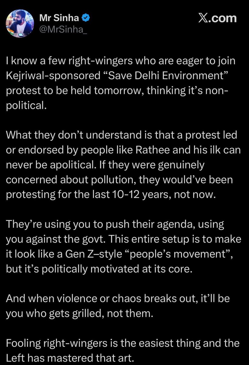 iArpitSpeaks's tweet image. Desh Chunautiyon se nahi, Sinha jaise …… se pareshan hai.

Obviously, Protest against Pollution is Political.
Who will make policies, who will implement them- Political Leaders!!

They are just PR puppets of one party &amp;amp; have nothing to do with the citizens.