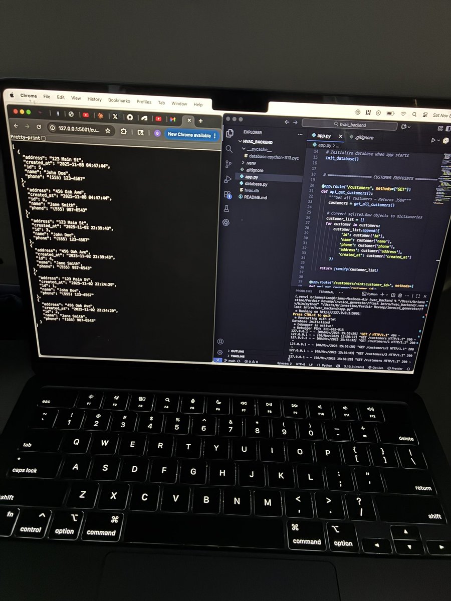 RealCyberBrian's tweet image. I’ve been traveling crazy since basketball season started but still got some work done on the plane🤒
-built a REST API with flask 
-returned JSON responses 
- tested the api endpoints ( tested mainly the Get method haven’t tested the others yet)

#buildinpublic #pythonlearning