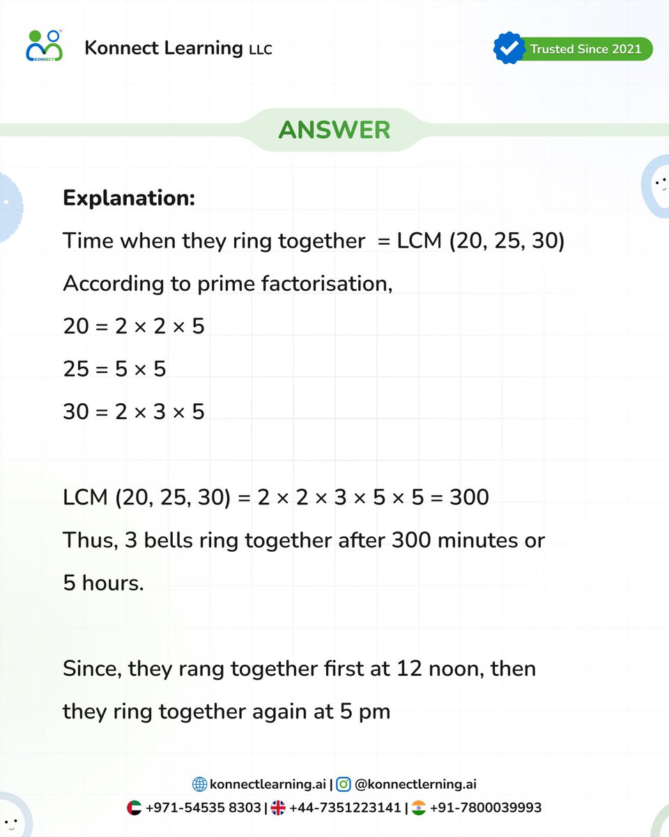 konnectlearnai's tweet image. Three clocks ⏱️ ring every 20, 25 &amp;amp; 30 minutes.
They first beep together at 12 noon — when next? 🤔
👉 LCM = 300 min = 5 hours → 5 PM 🕔

#CBSE2026 #MathsShorts #IITianExplains #Class10Maths #SmartLearning #StudyMotivation #MathTricks #ViralReels #ExamPrep #BoardExamTips