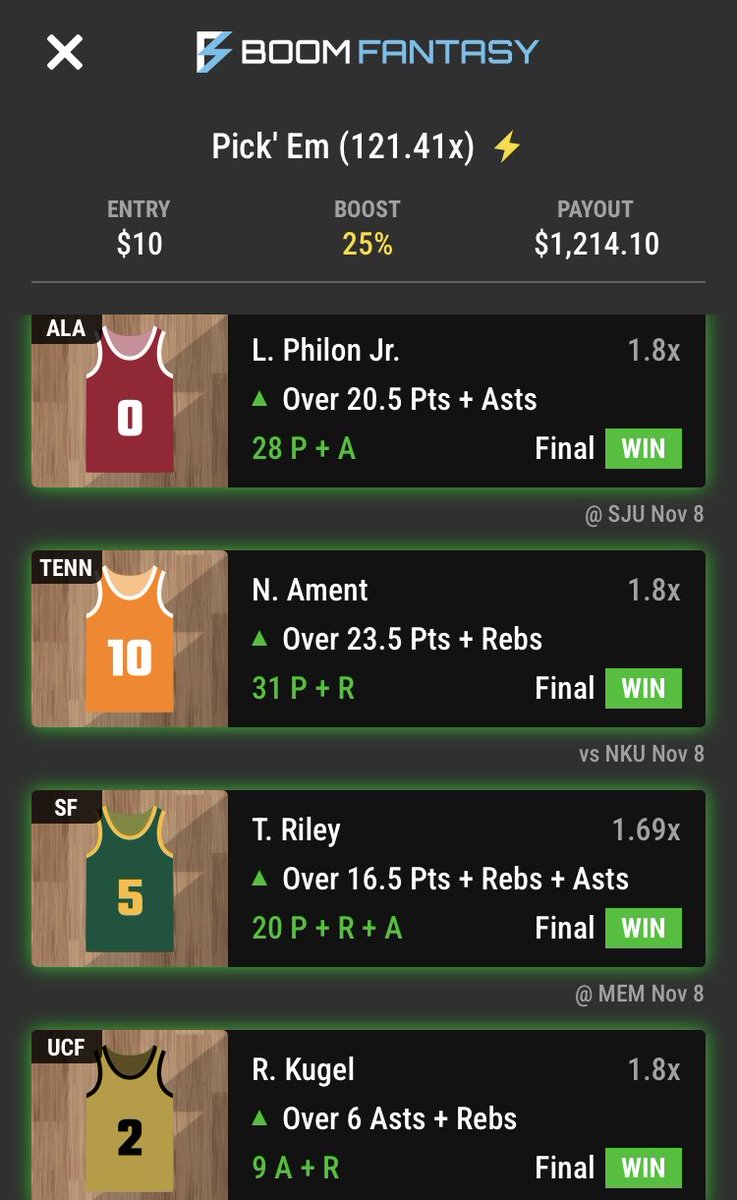 easycbbpicks's tweet image. Boom Fantasy really livin’ up to its name tonight as we’ve turned $10 into over $1,200 on an 8-for-8! @BoomFantasy 

If you’re not on there use our code at the link and get a FREE deposit boost to start out 💰💰

#boomfantasy #cbb #playerprops #cbbpicks 

boomdfs.app.link/wpqXQlMc9Xb