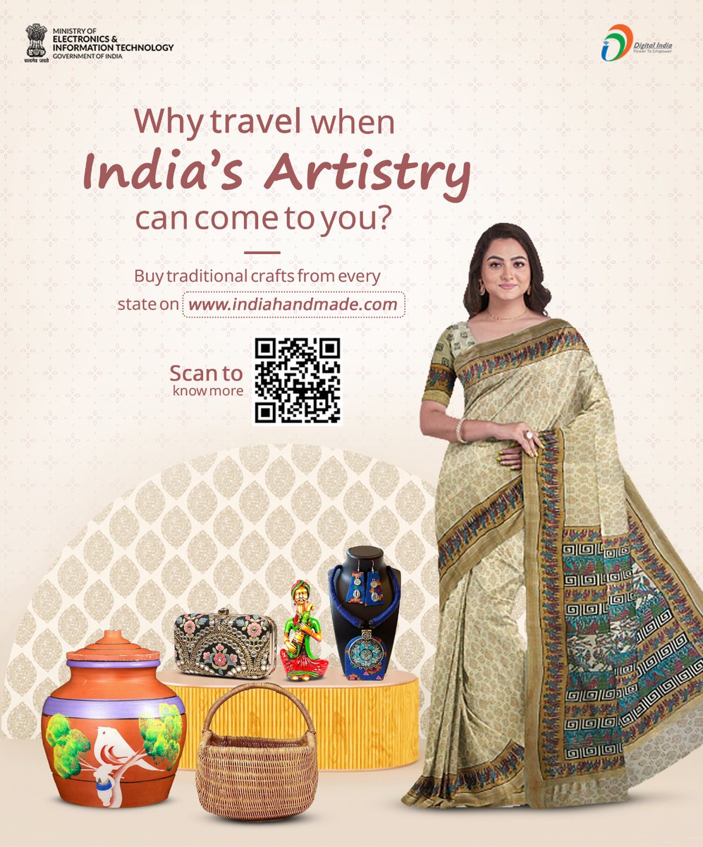 _DigitalIndia's tweet image. Discover the soul of India’s districts in one place. 
Shop the signature craft of each region—hand-woven, hand-painted, hand-crafted—delivered to your doorstep.

#IndiaHandmade #VocalForLocal #HandcraftedInIndia #SupportArtisans #DigitalIndia #MakeInIndia #IndianCrafts #ShopLocal