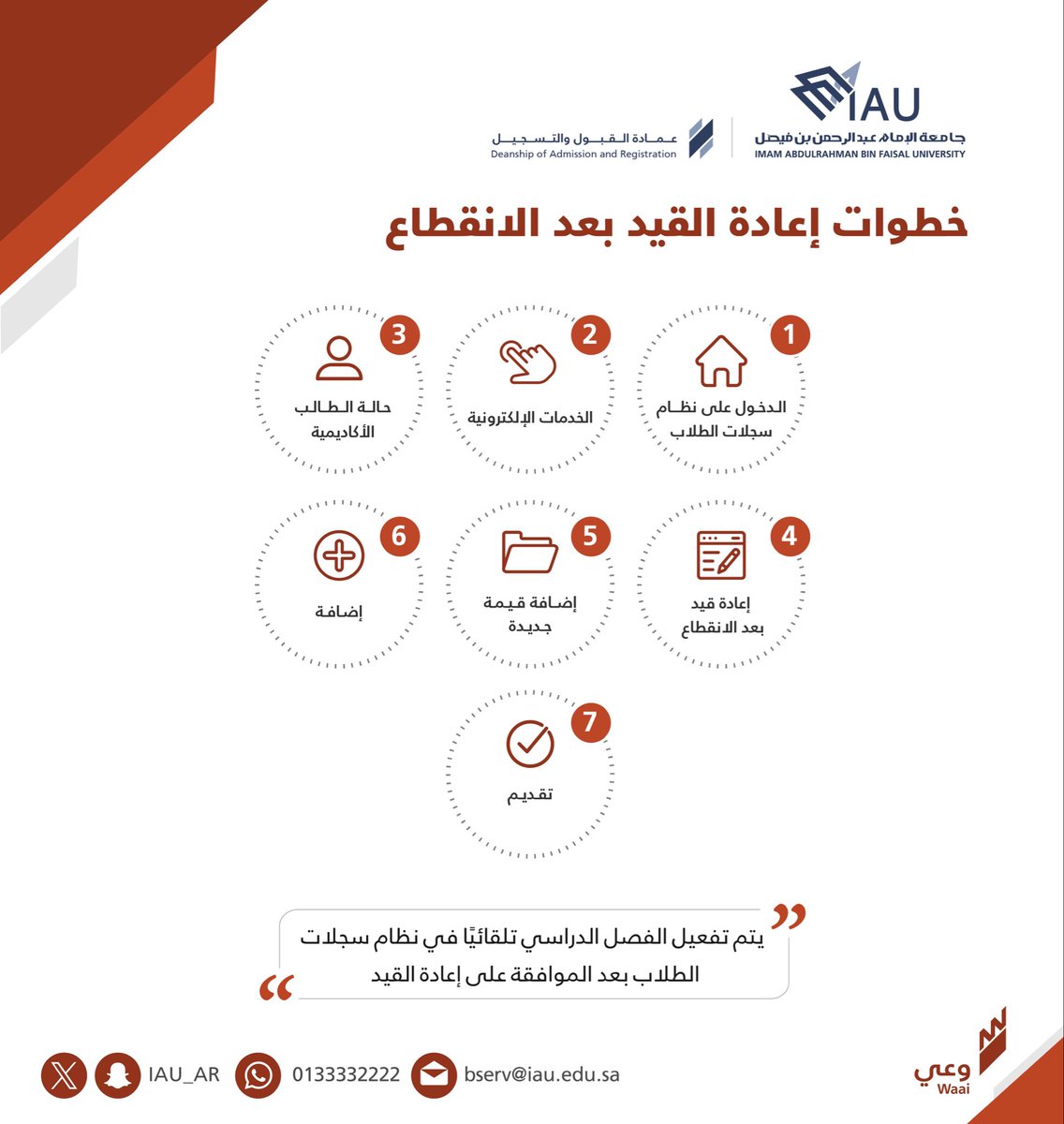 🔸هام🔸
إتاحة تقديم طلبات إعادة القيد بعد الانقطاع للفصل الدراسي الثاني لعام ١٤٤٧هـ

بدءًا من ١٤٤٧/٥/١٨هـ الموافق ٢٠٢٥/١١/٩

وحتى ١٤٤٧/٦/٢٧هـ الموافق ٢٠٢٥/١٢/١٨

▪الانقطاع عن الدراسة.
🔹ماهي أنواع الانقطاع عن الدراسة؟
🔹ماذا يترتب على الانقطاع؟
🔹شروط إعادة القيد بعد الانقطاع.