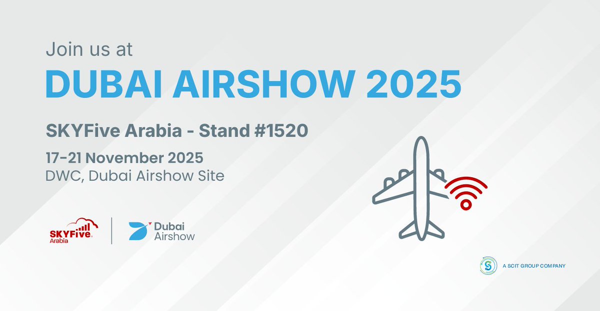 SkyfiveArabia's tweet photo. We’re ready for takeoff
Join SKYFive.Arabia at the Dubai Airshow 2025 - Stand #1520
Experience home-like, high-speed connectivity in the sky.

17-21 November 2025
DWC, Dubai Airshow Site
.
.
.
#FutureOfFlying #inflightwifi #connectivity #ConnectingTheSkies #DAS25 #FutureOfSpace https://t.co/pHvePiR5e4
