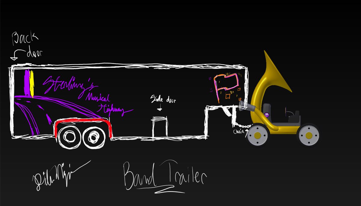 Been going through a 3 month hiatus until this past week. Now, we're slowly resuming progress on finishing the Band Pride demo. Objectives are next on the coding list!

Have a sketch for the band equipment trailer!

(not me trying to get use to my drawing tablet 😭)