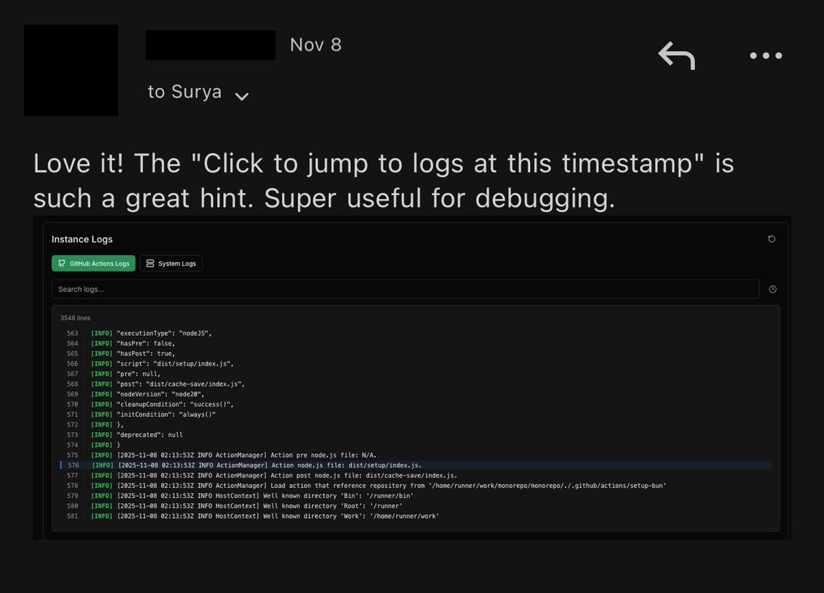 suryaoruganti's tweet photo. You can view GitHub actions runner logs, the VM syslogs, and the system metrics correlated with the logs in one place.

The new observability features are very useful for debugging. https://t.co/iRNmBr8IjZ