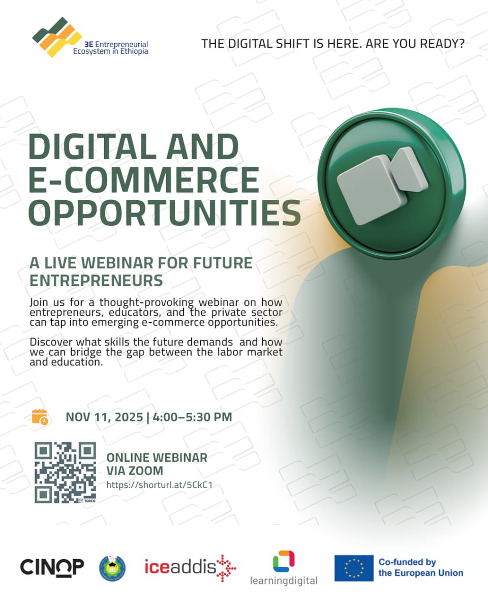 iceaddis's tweet photo. E-commerce is transforming how businesses grow, innovate, and connect with customers.
Join us for an insightful webinar — “The Digital Shift and Emerging E-Commerce Opportunities” — and explore how digital innovation is shaping entrepreneurship and unlocking new possibilities across Ethiopia’s business landscape.

🎙 Meet Our Panelists:

Tsion Eticha - Founder of Wolfaby

Emebet Nigatu and Meron Ephrem - Co-founders of Kamrach

Mr. Habtamu Hailemariam -  College Digital Team Leader - Tegbare-id

Moderator:
Markos Lemma, CEO & Co-founder of iceaddis

🗓 Date: November 11, 2025
🕓 Time: 4:00–5:30 PM (EAT)
📍 Online via Zoom

🔗 Register here:
https://t.co/47QPBfdrv9

✨ Don’t miss this opportunity to learn from forward-thinking entrepreneurs and digital leaders shaping Ethiopia’s e-commerce future.
