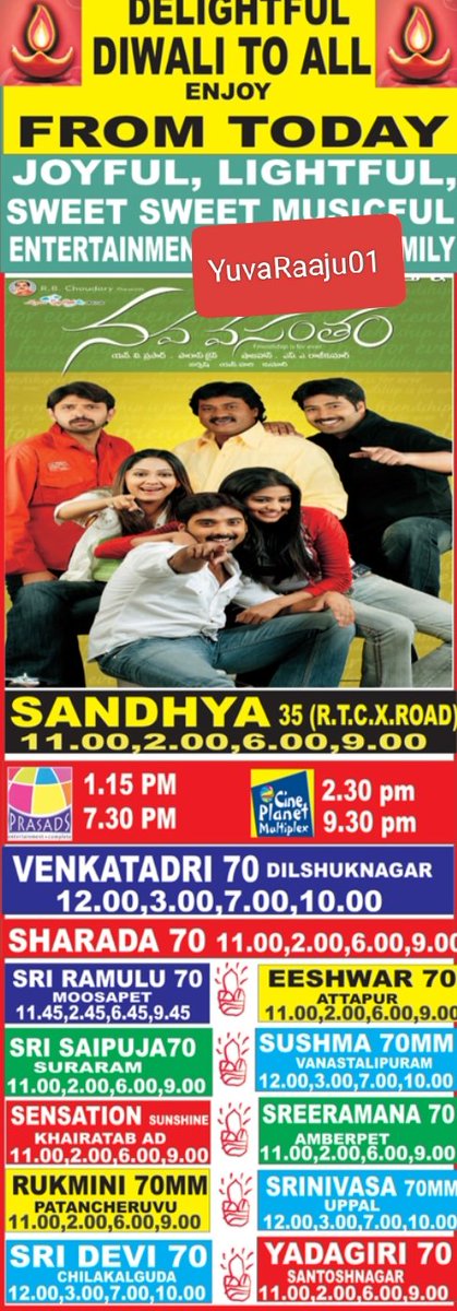 YuvaRaaju01's tweet image. #18YearsForNavaVasantham
Starring: #Tharun

Hyd - SANDHYA 35MM - 63DAYS RUN 💥💥 Replaced with #OkkaMagaadu

Secbad - MANJU - 6Days RUN (3 WEEKS LR) Replaced with #SeemaSastry