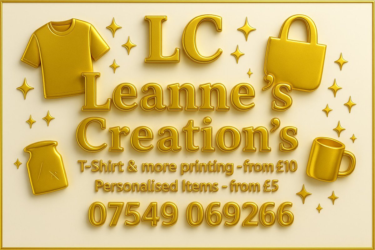 Leanne’s Creation’s – Personalised Printing with Style ✨

👕 T-Shirt &amp; More Printing – from just £10
🎁 Personalised Items – from only £5

From clothing and mugs to tote bags and keepsakes, every product is crafted with care, precision, and a touch of creativity.  SHARE 💋