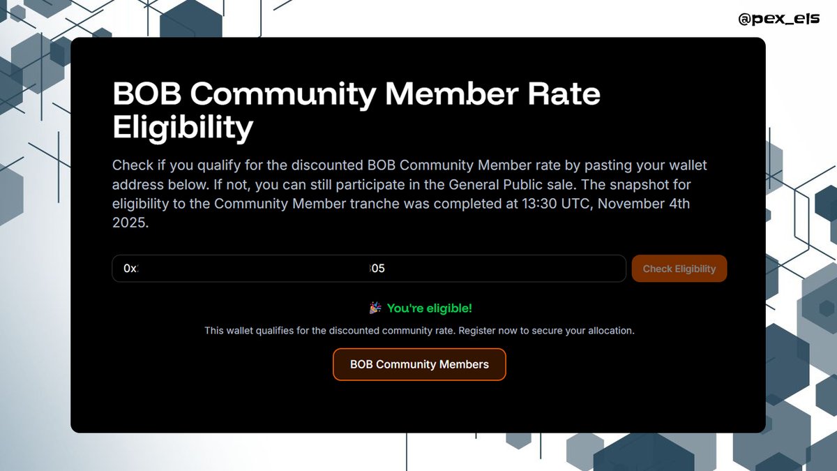 𝐈 𝐚𝐦 𝐞𝐥𝐢𝐠𝐢𝐛𝐥𝐞 𝐟𝐨𝐫 𝐭𝐡𝐞 <a href="/build_on_bob/">BOB</a> 𝐜𝐨𝐦𝐦𝐮𝐧𝐢𝐭𝐲 𝐬𝐚𝐥𝐞.

It's been a while since I posted about them, but I guess I'm still in the top 2k.

Here's a complete breakdown of the sale

↠ There will be two rounds of the $BOB sale
▫️Community - $165M fdv