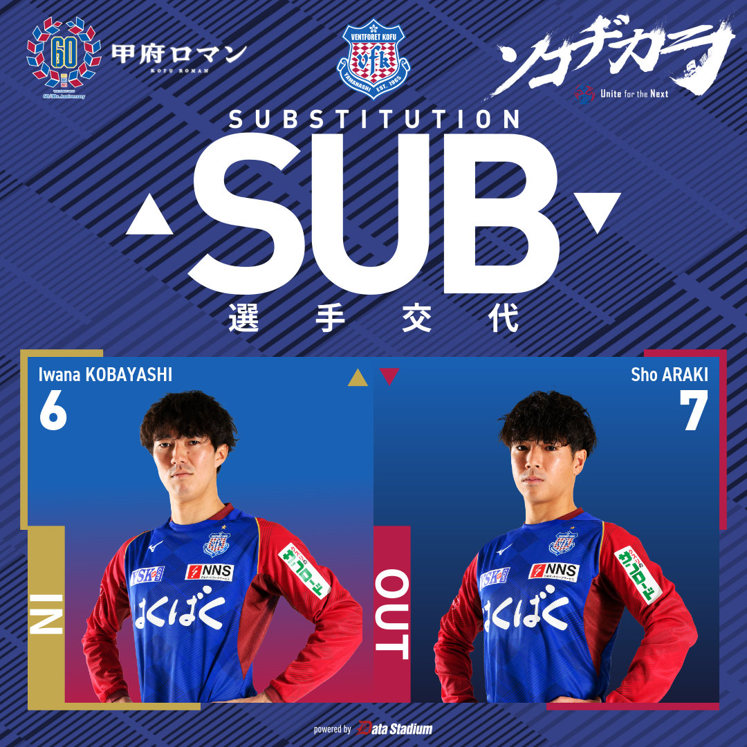 選手交代 後半24分 ⏩IN #小林岩魚 ⏪OUT #荒木翔 #ヴァンフォーレ甲府