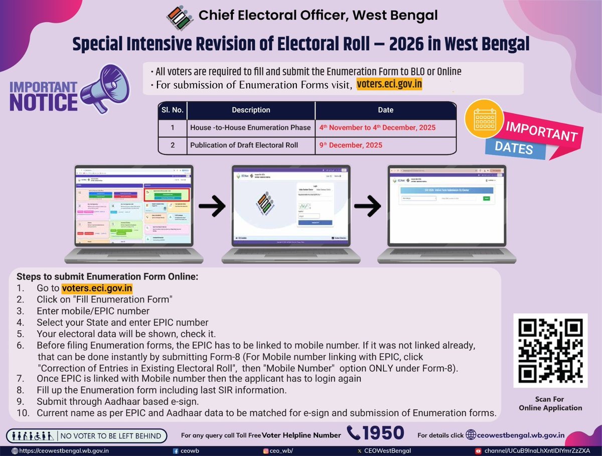 CEOWestBengal's tweet photo. Online Enumeration Form Submission is LIVE now!

To submit your Enumeration form click https://t.co/0OdrV0BLg2
#SIR 
@ECISVEEP @SpokespersonECI @PIBKolkata @AIRKolkata https://t.co/eNTnrLMHb5