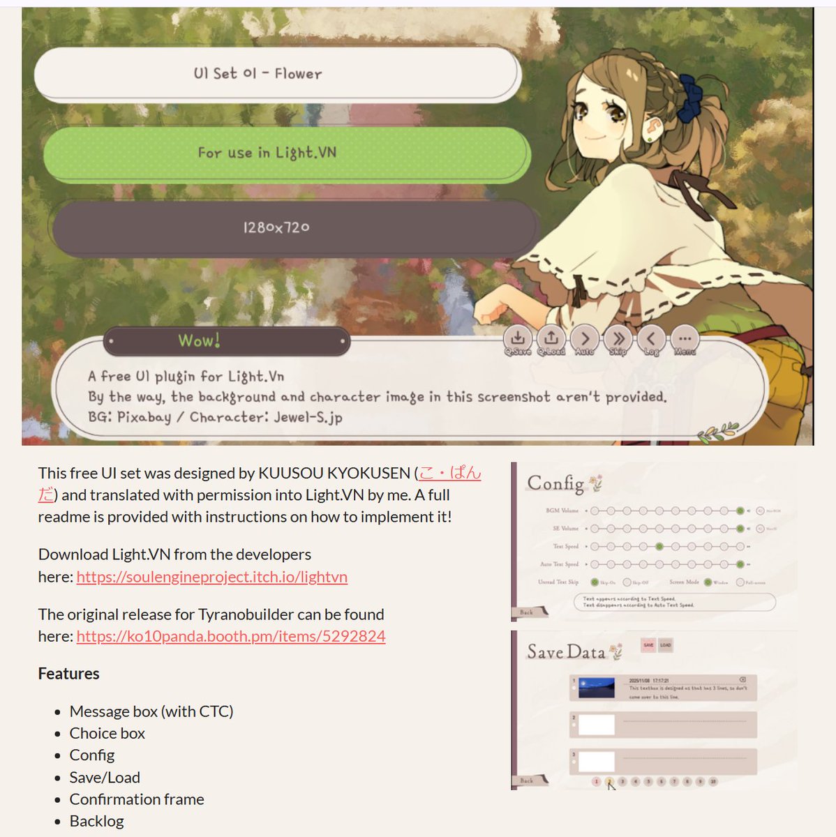 ko10panda's tweet image. 📢【お知らせ】LightVN向けUIアセット

Theo様（@theominute）が「テーマ一括変換プラグインその16」をLightVN向けに移植してくださいました！
デザインもコードも無料でダウンロード可能✨️
ぜひゲーム制作にご活用ください(*´ｪ`*)ﾉ

🔽UI Set 01
minute.itch.io/lvnuiset-01

#lightvn #gameui