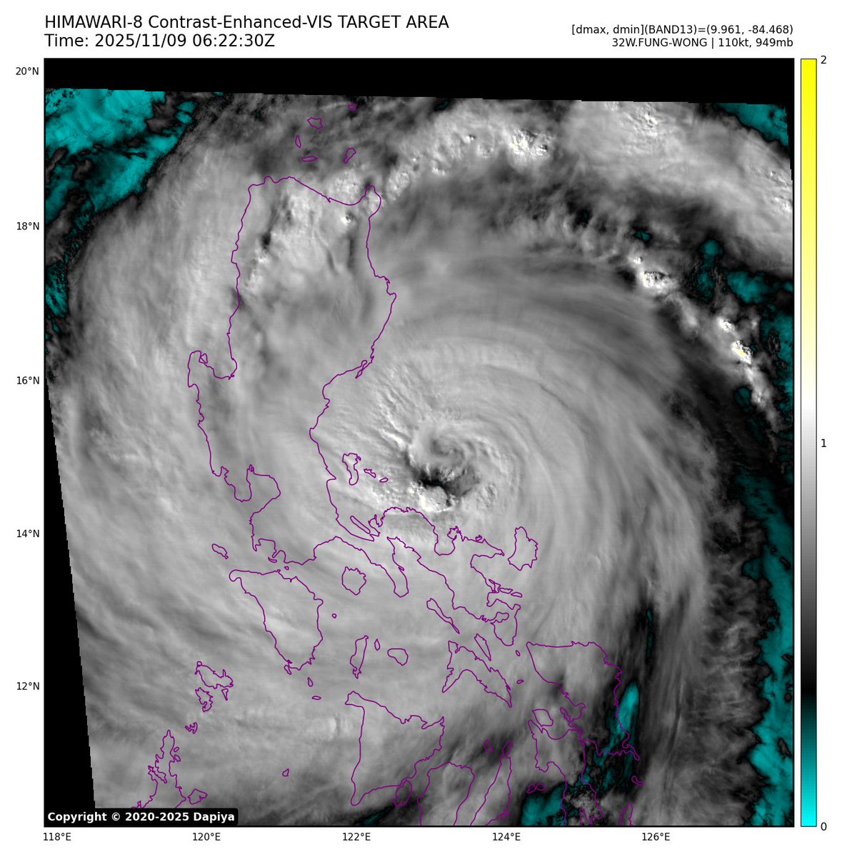 marvinoloris's tweet image. The outline of the very large eye of #TY #FungWong #UwanPH is now apparent on enhanced VIS. Classic truck tire eye.