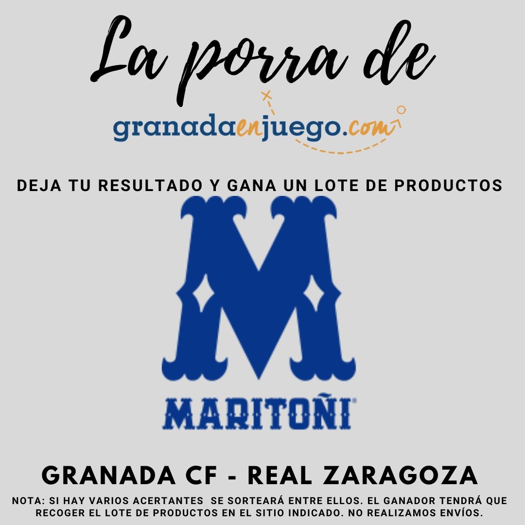 granadaenjuego's tweet photo. 🔥 ¡Participa en nuestra porra y gana! 🔥

⚽️ ¿Quién ganará el partido Granada CF 🆚️ Real Zaragoza? ¡Acierta el resultado y llévate un lote de productos de @Maritoni_SL! 🎁✨

👇 ¿Cómo participar?
✅ Síguenos
✅ Retuitea o comparte publicación 🔄
✅ ¡Deja sólo UN resultado https://t.co/zEfgu6LEB4