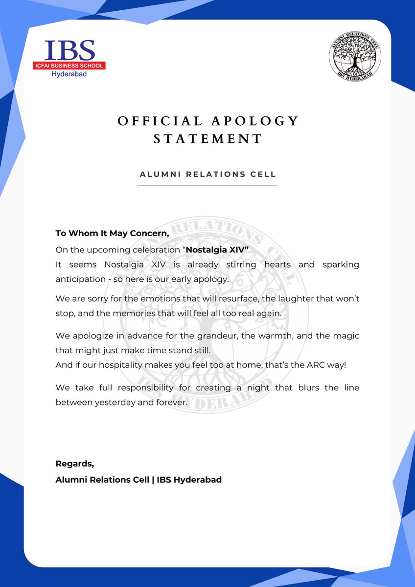 arcibshyd's tweet photo. We might have gone overboard again. From heartfelt connections to moments that sparkle, we’re sorry for setting the standard way too high.
#NostalgiaXIV
#AlumniRelationsCell
#ItsAllAboutConnections https://t.co/yQ3JyjCje0