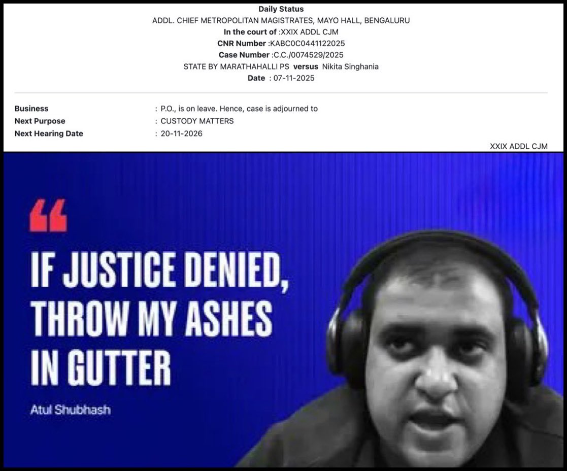 SamSiff's tweet image. Bangalore Court does nothing on the date of first hearing of the criminal case against Nikita Singhania, wife of Atul Subhash.

It says, next date of hearing is 20-Nov-2026. Yes, u heard it right. It&apos;s after 1 year &amp;amp; 12 days.

This judiciary makes tall claims of protecting…