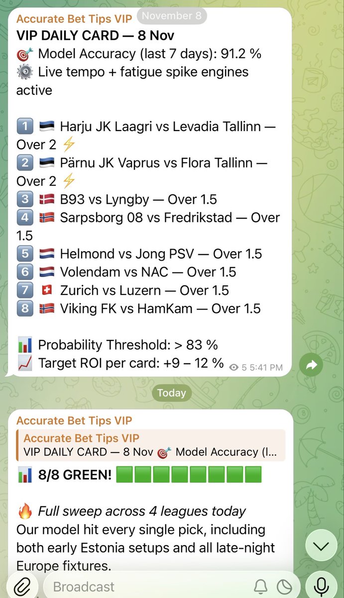 TipsAccurate's tweet image. 💎 Results — 8 Nov
VIP 🔒 8/8 GREEN 🟩
Free Tips ✅ Both WIN
AI edges on 🔥 again — 11 straight green sets across leagues 📊
⚙️ Tempo data
⚡ Fatigue goal bands
🎯 Set-piece threat tracking
Join before the next card drops.
DM “VIP” to access tomorrow’s full AI slate.
#AIBetting