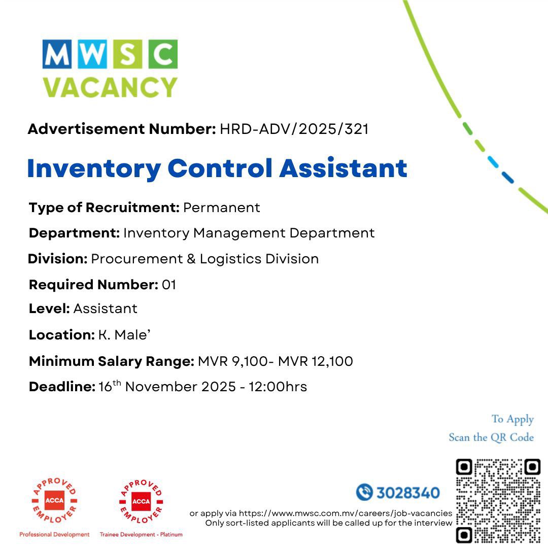 Be a part of MWSC!               
Apply now: mwsc.com.mv/careers/job-va…
#TeamMWSC