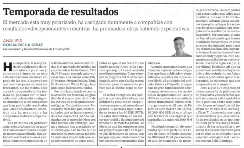 CrossCapital's tweet image. ✍️ «𝗧𝗲𝗺𝗽𝗼𝗿𝗮𝗱𝗮 𝗱𝗲 𝗿𝗲𝘀𝘂𝗹𝘁𝗮𝗱𝗼𝘀», aportación de nuestro compañero @BorjaDCruz , quien explica cómo se presenta la temporada de resultados empresariales, con especial foco en el mercado estadounidense que registra valoraciones más exigentes. Para nuestra última…