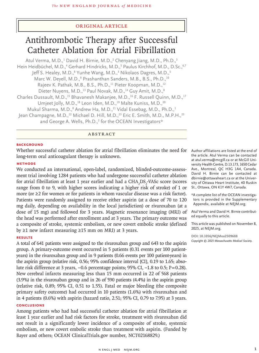 clinicasac's tweet image. 🔥#AHA25 #OCEAN trial. #Rivaroxaban vs #AAS post ablación de FA💔.

❌Riva 15 mg/d no redujo el ACV, embolia sistémica o nvo ACV embólico subclínico🆚AAS 100 mg luego de una ablación de FA realizada a &amp;gt; 12 meses en 👥con CHADSVASc de ≈2.2 a 3 años.

⬆️🩸DOAC no mayor ⚠️.