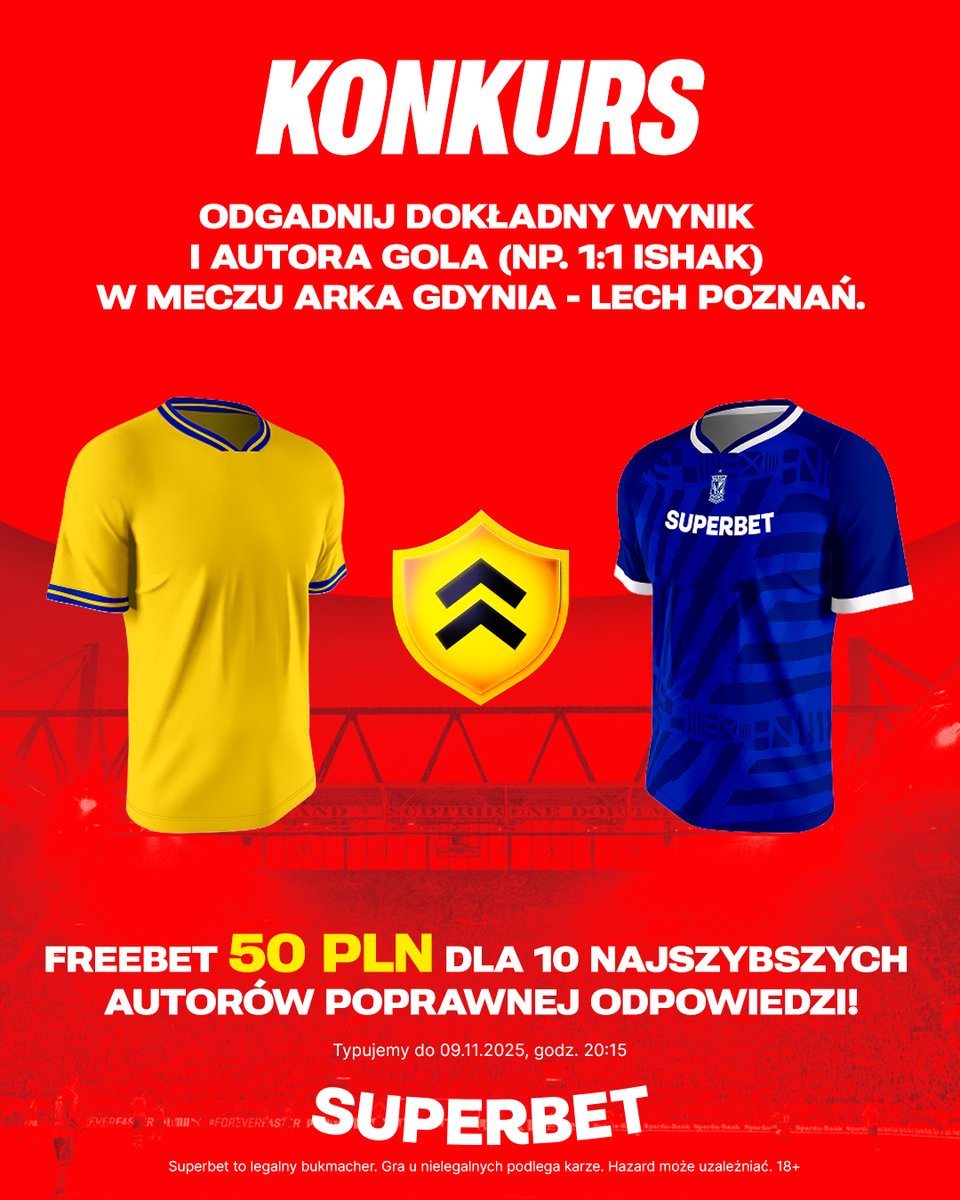 #KONKURS! Wytypuj w odpowiedziach dokładny wynik oraz autora gola ⚽️ w meczu <a href="/ArkaGdyniaSA/">Arka Gdynia</a>  - <a href="/LechPoznan/">Lech Poznań</a>  i zgarnij freebet! #ARKLPO 
-- 
✅ Zaobserwuj <a href="/SuperbetPL/">Superbet</a> 
❤️ Polub wpis i 🔄 podaj go dalej 
👤 Dodaj nick z Superbet 
🎁 Nagroda = FREEBET 50 PLN 
Regulamin: