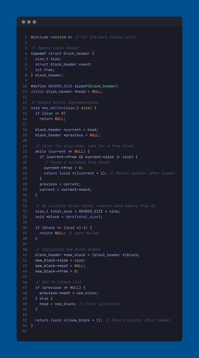 MrNewtiam's tweet image. I sit there, then I decided to write my own malloc() in C, here is how it&apos;s been done.

#C #LowLevel #malloc