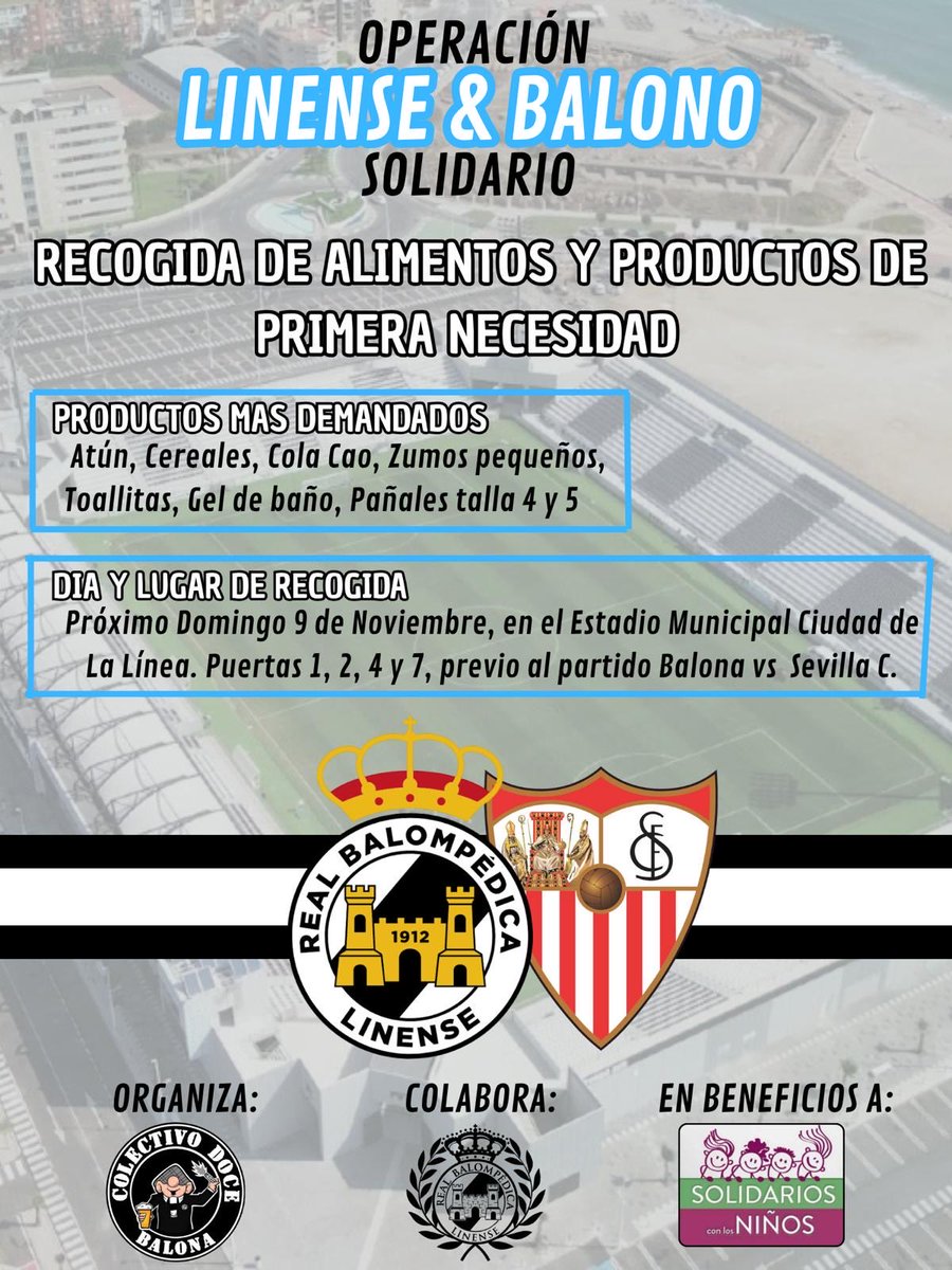 🖤🤍🩵Operación “Linense y Balono Solidario” 🖤🤍🩵 
Hoy juega la Recia, esta tarde todos al estadio, coge tu bufanda y afina tu garganta...

No olvides llevar tu alimento o producto de primera necesidad para colaborar con la asociación “ Solidarios con los niños”