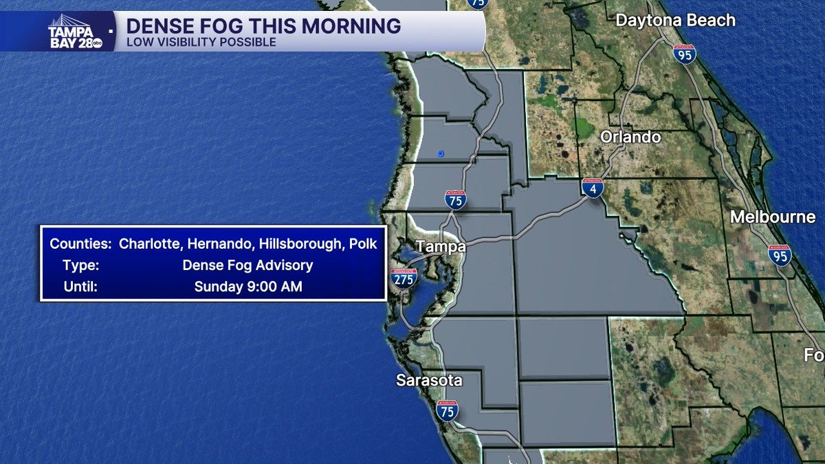 FOG | A Dense Fog Advisory is in effect for the entire area unless you're right at the coast. Visibilities are down to zero in a few spots east of I-75. Be safe!