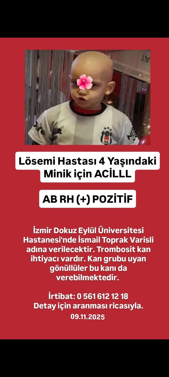 bizburadayizzz's tweet photo. Izmir 

*COK COK ACIL LÖSEMI HASTASI COCUK ICIN*
*AB RH (+) GEREKLI*

*LUTFEN GÖRUP GECMEYELIM BULUNAMADI

@BayPozitif06 https://t.co/DkMEIDKYR2