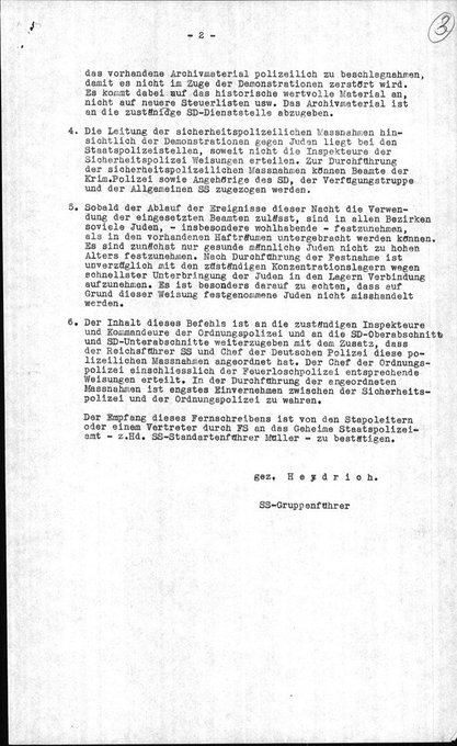 "...demonstrations against the Jews are to be expected in all parts of the Reich in the course of the coming night, November 9/10, 1938." 

Read Reinhard Heydrich's chilling instructions for dealing with the events of the #Kristallnacht pogrom:
ow.ly/avcK50Q5rcz