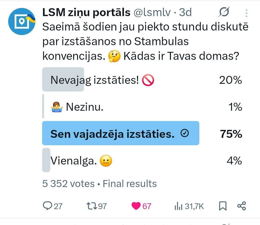 Re kā! Izskatās, ka <a href="/lsmlv/">LSM ziņu portāls</a>  ir dzēsis šo savu aptauju no interneta- neviens to nevar vairs atrast. Tas arī labi saprotams, jo rezultāti "nu galīgi nepavisam neder". 
Dalies ar šo! Patiesība nedrīkst palikt apslēpta!
