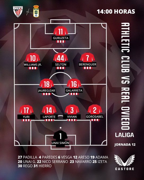 Graphic lineup for Athletic Club versus Real Oviedo in La Liga 12, showing field formation with numbers and player names: 11 Guruzeta, 10 Williams Jr, 44 Sancet, 7 Berenguer, 18 Jauregizar, 16 Galarreta, 17 Yuri, 14 Laporte, 3 Vivian, 2 Gorosabel, 1 Unai Simon; substitutes 27 Padilla, 4 Paredes, 12 Vencedor, 20 Galarreta, 30 Nico, 31 Hierro, 23 Serrano, 25 Izeta; includes team crests, time 14:00 hours, and sponsor logos.